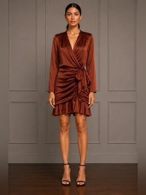Veronica Beard Silk Wrap Dress Brown Floral Pleated Long Sleeve Size 8 M